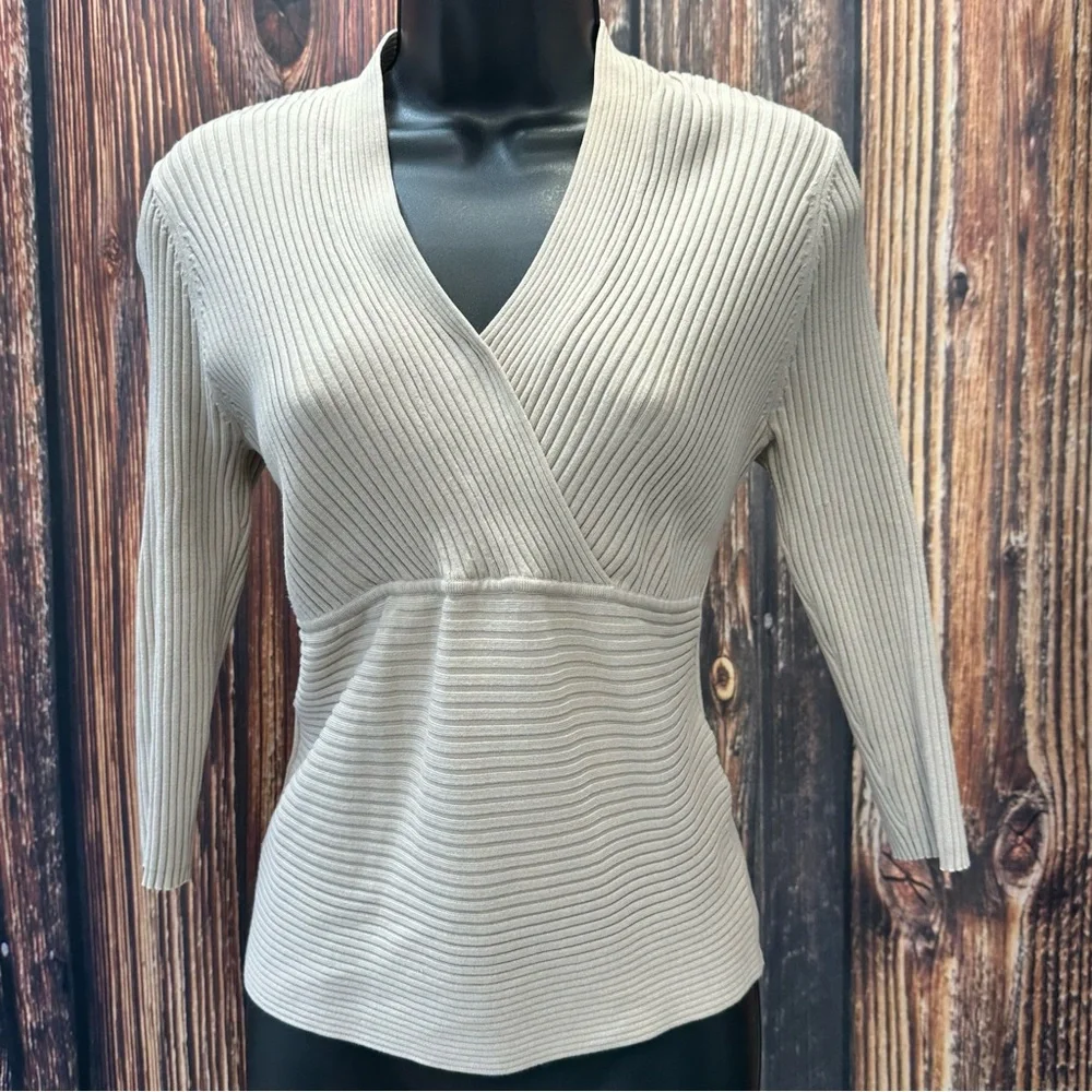 Viscose & Silk August‎ Silk Knits Latte Ribbed Crisscross Top 3/4 Sleeves Size L